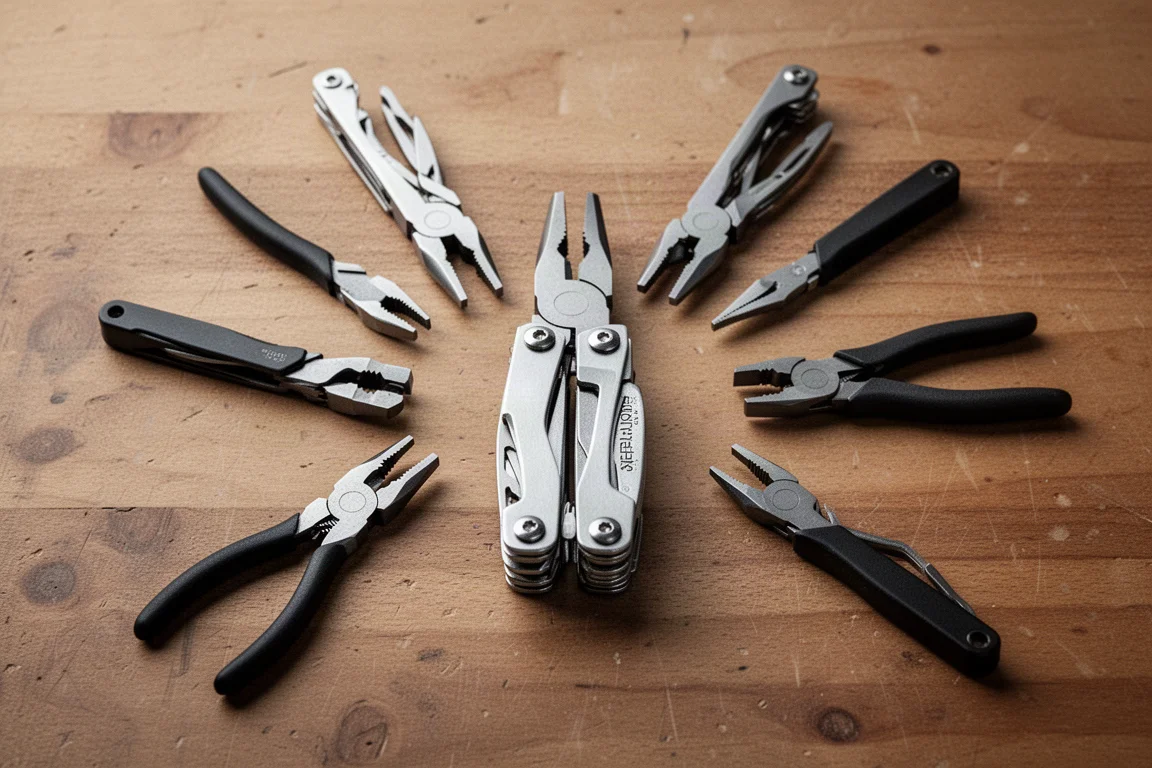 Vista dall'alto di più pinze per viti e di un multi-tool su un tavolo da officina