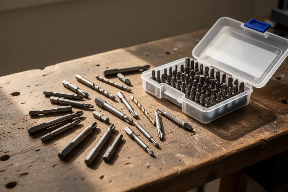 Open bit case with loose driver bits scattered across a workbench