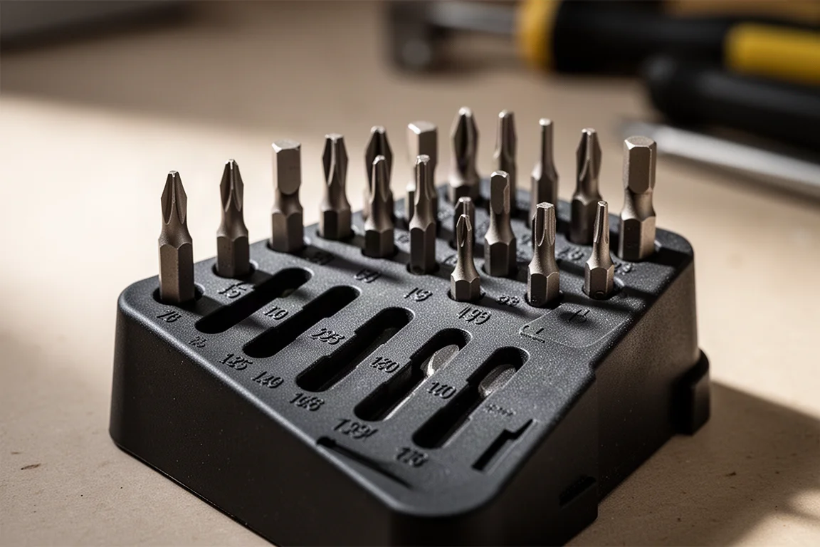 Close-up of small driver bits seated in a plastic insert holder