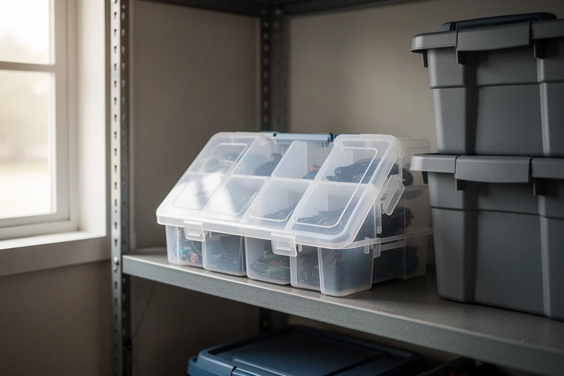 Translucent plastic organizer case with compartments on a garage shelf