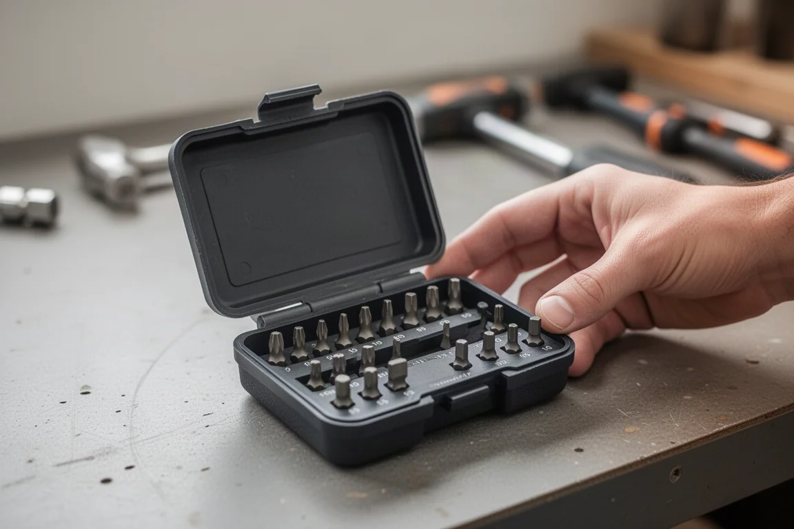 Open clamshell bit case held in one hand on a workbench