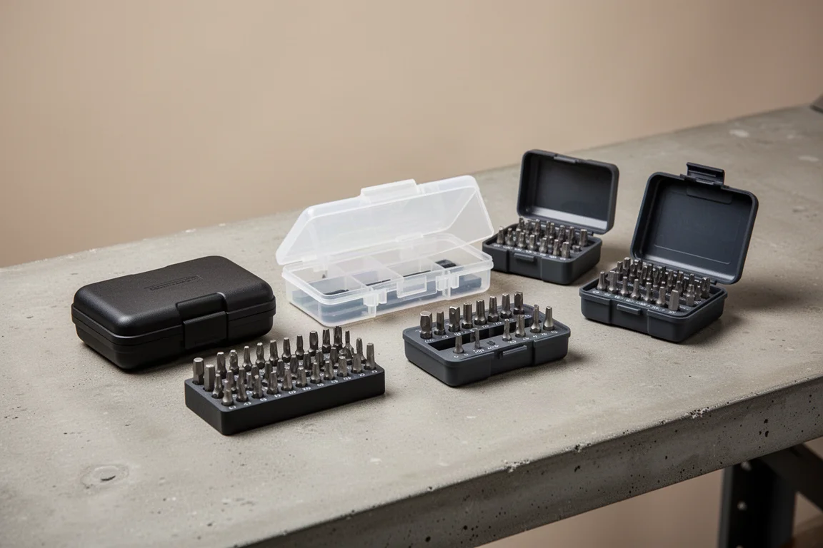 Six assorted bit storage cases arranged on a workbench, some open showing driver bits