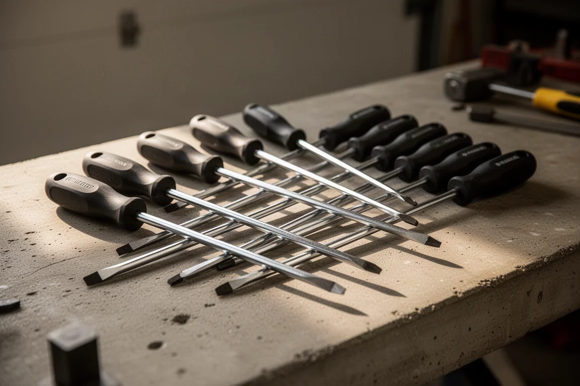 Schroevendraaiers met lange steel op een garage-werkbank in de schemering