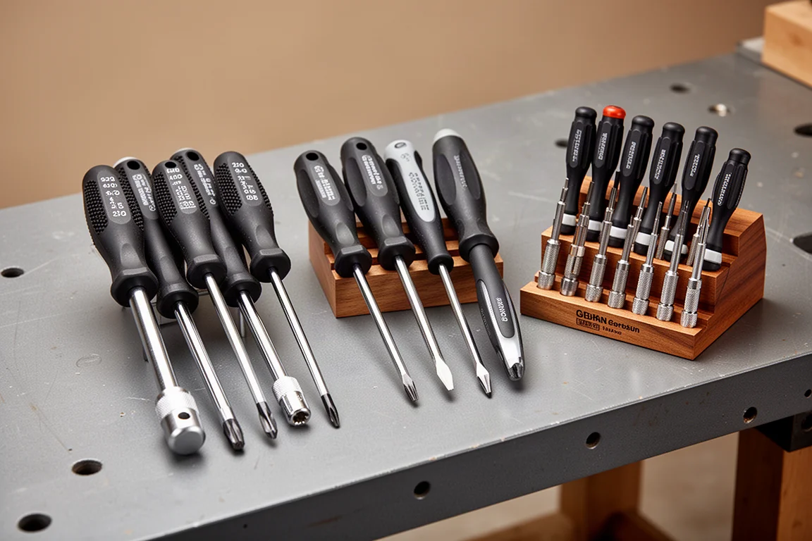 Three screwdriver sets arranged side by side on a grey workshop bench