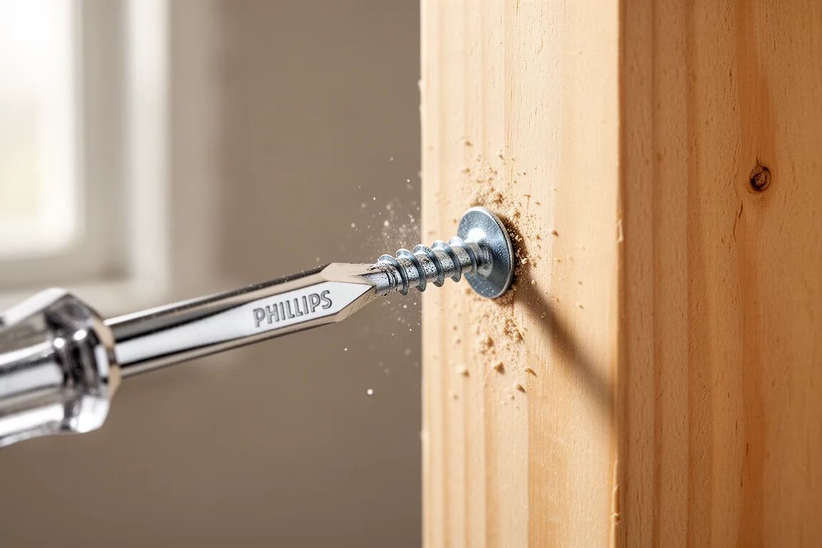 Phillips screwdriver tip driving a coarse drywall screw into a wooden post