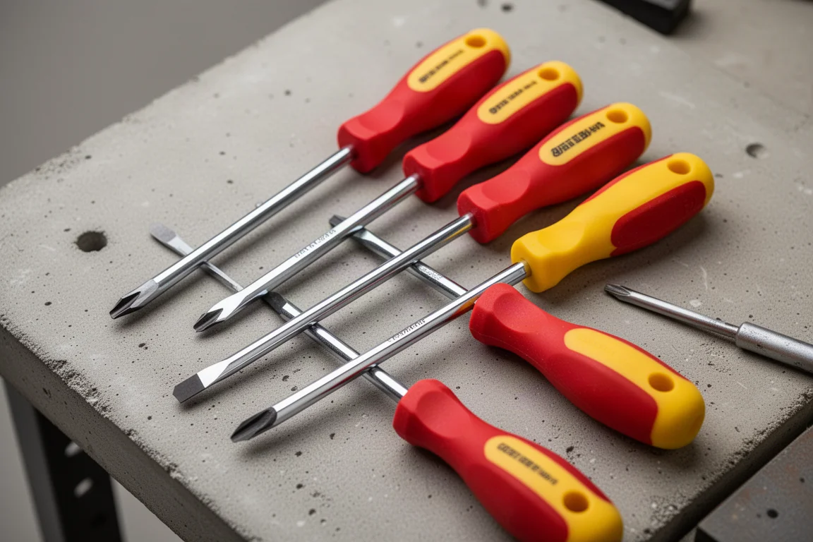 Row of budget screwdrivers with worn tips laid on a workbench