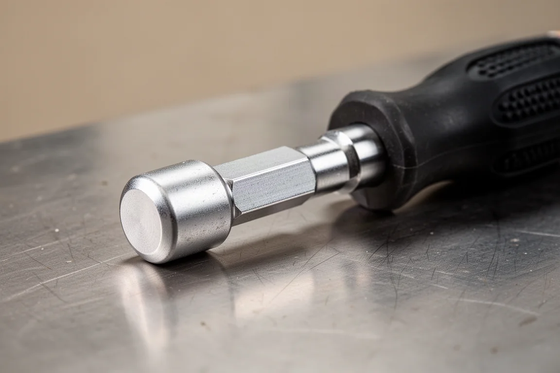 Capped-end screwdriver with hex bolster resting on a workshop surface