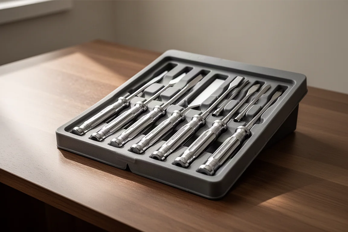 Premium screwdriver set neatly arranged in a fitted tray