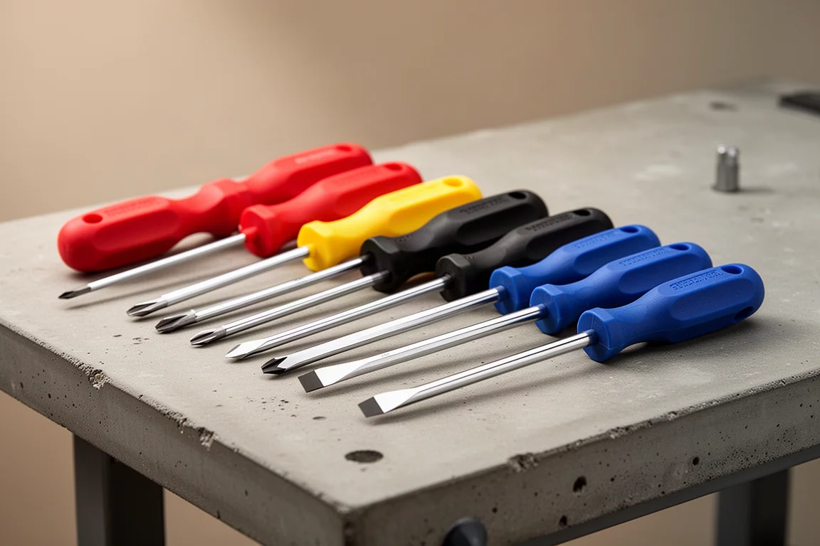 Sixteen screwdriver sets arranged in a row on a concrete workbench