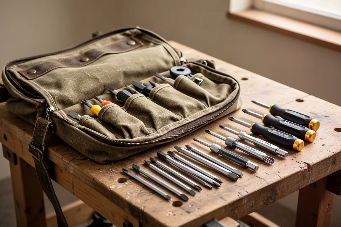 Open tool bag with assorted screwdrivers laid out on a workbench