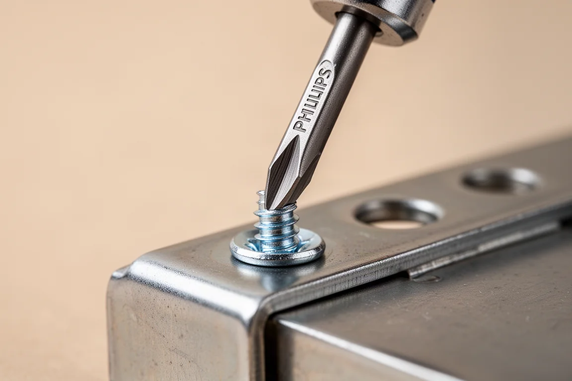 Close-up of a screwdriver tip holding a screw firmly against a metal surface