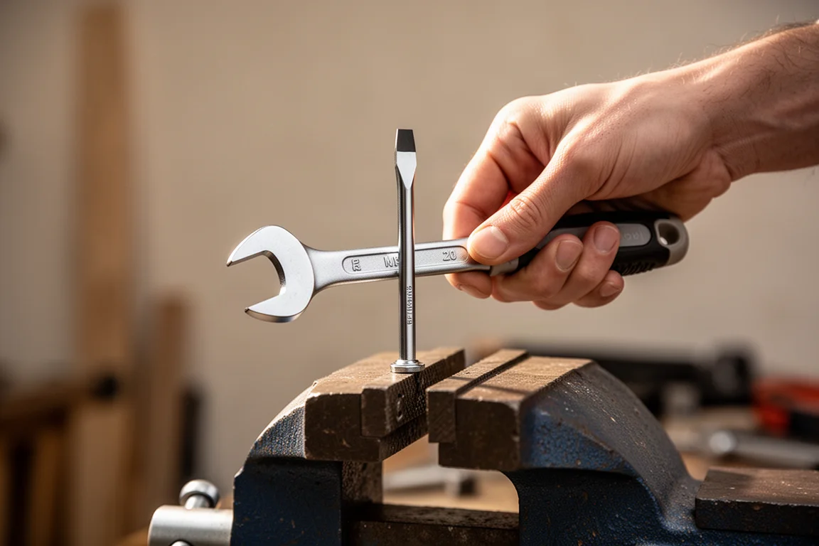 Person using a wrench on a screwdriver shaft for extra turning leverage