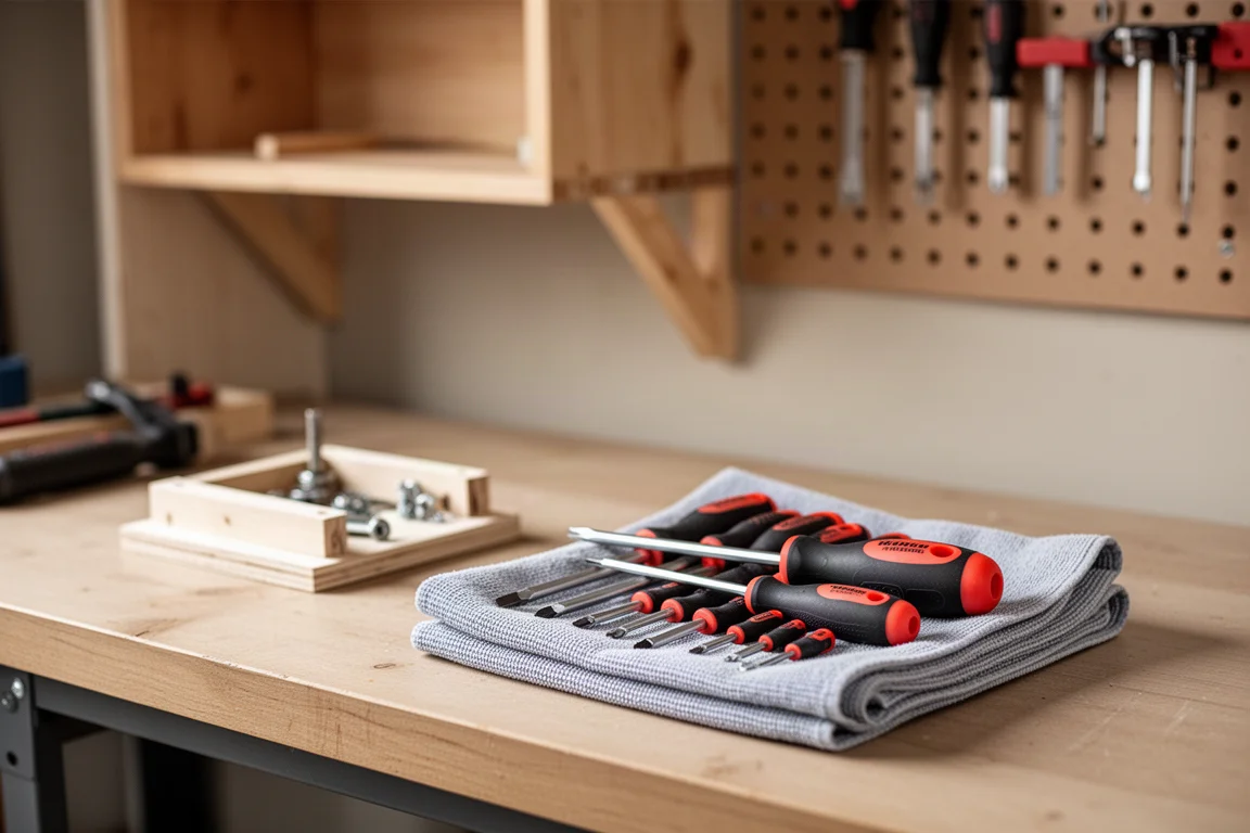 Home garage workbench with hand tools neatly arranged for weekend DIY