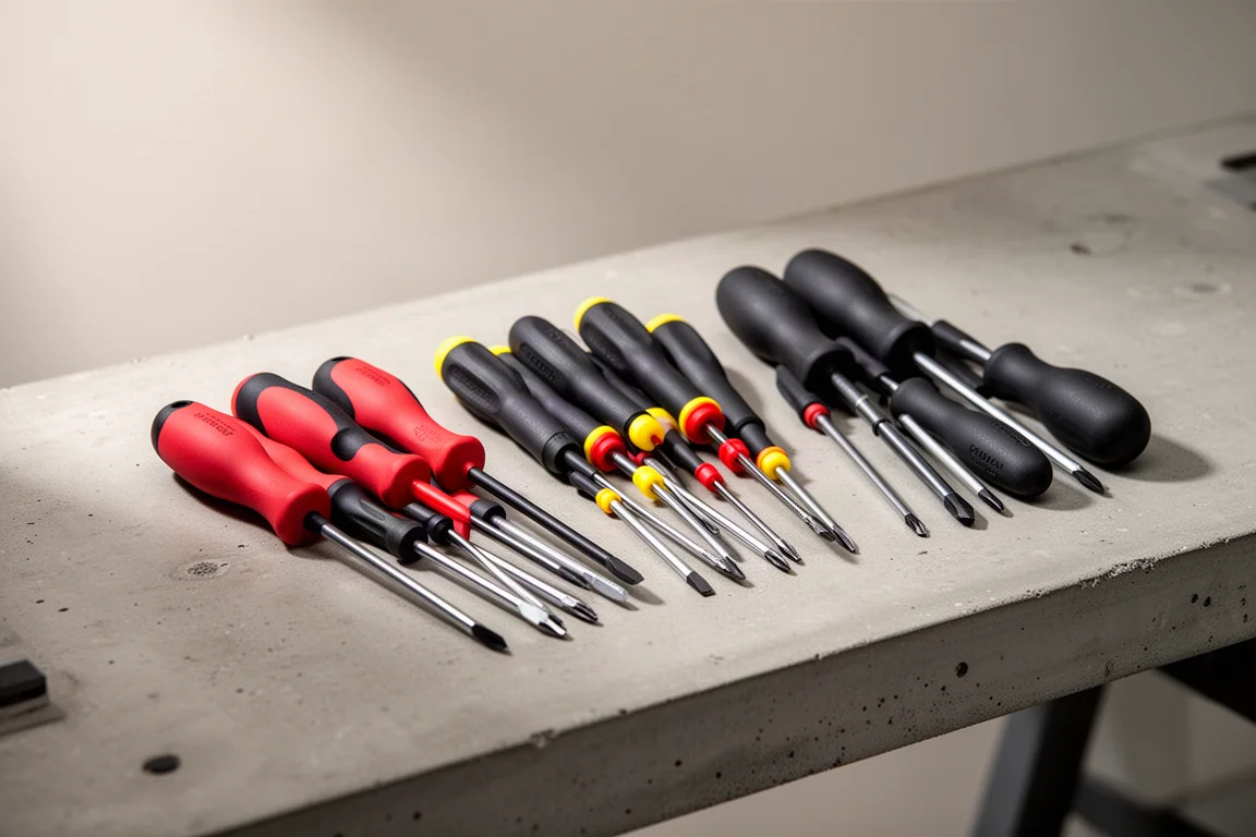 Three screwdriver sets arranged side by side on a workbench