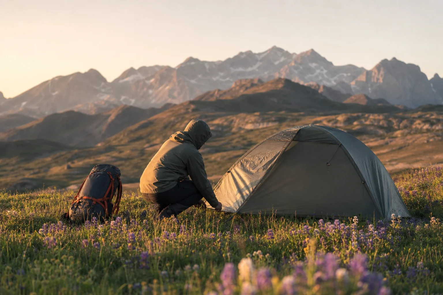 Escursionista che monta una tenda in un prato di montagna al crepuscolo