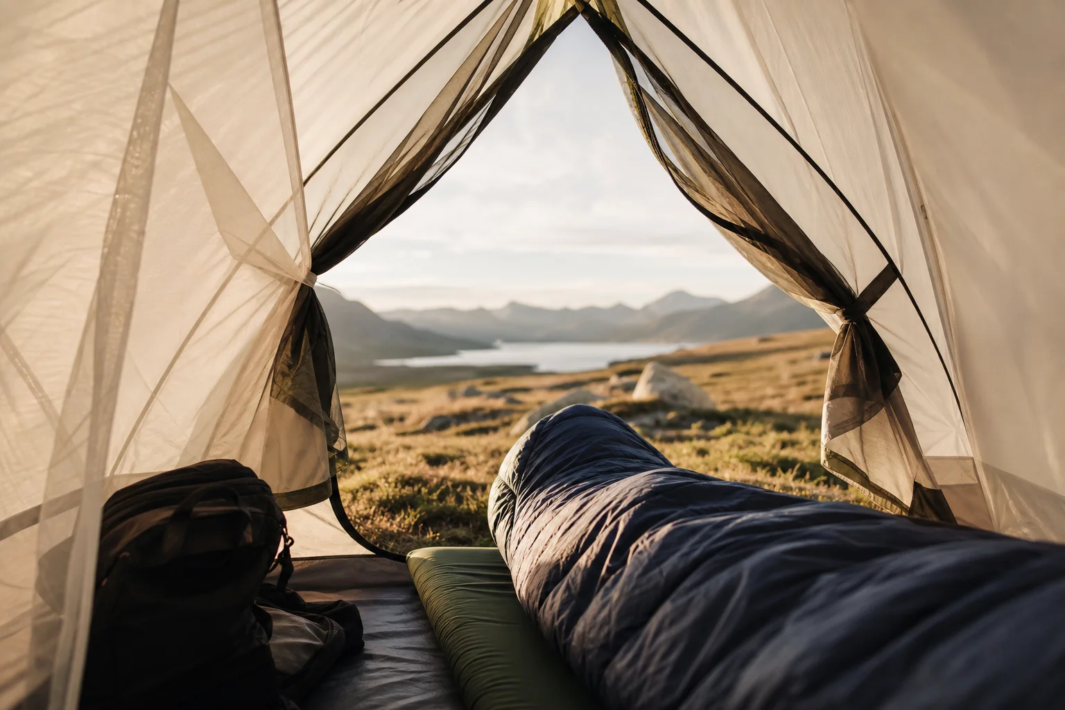 Campeggiatore sdraiato su un materassino all'interno di una tenda con la luce del mattino