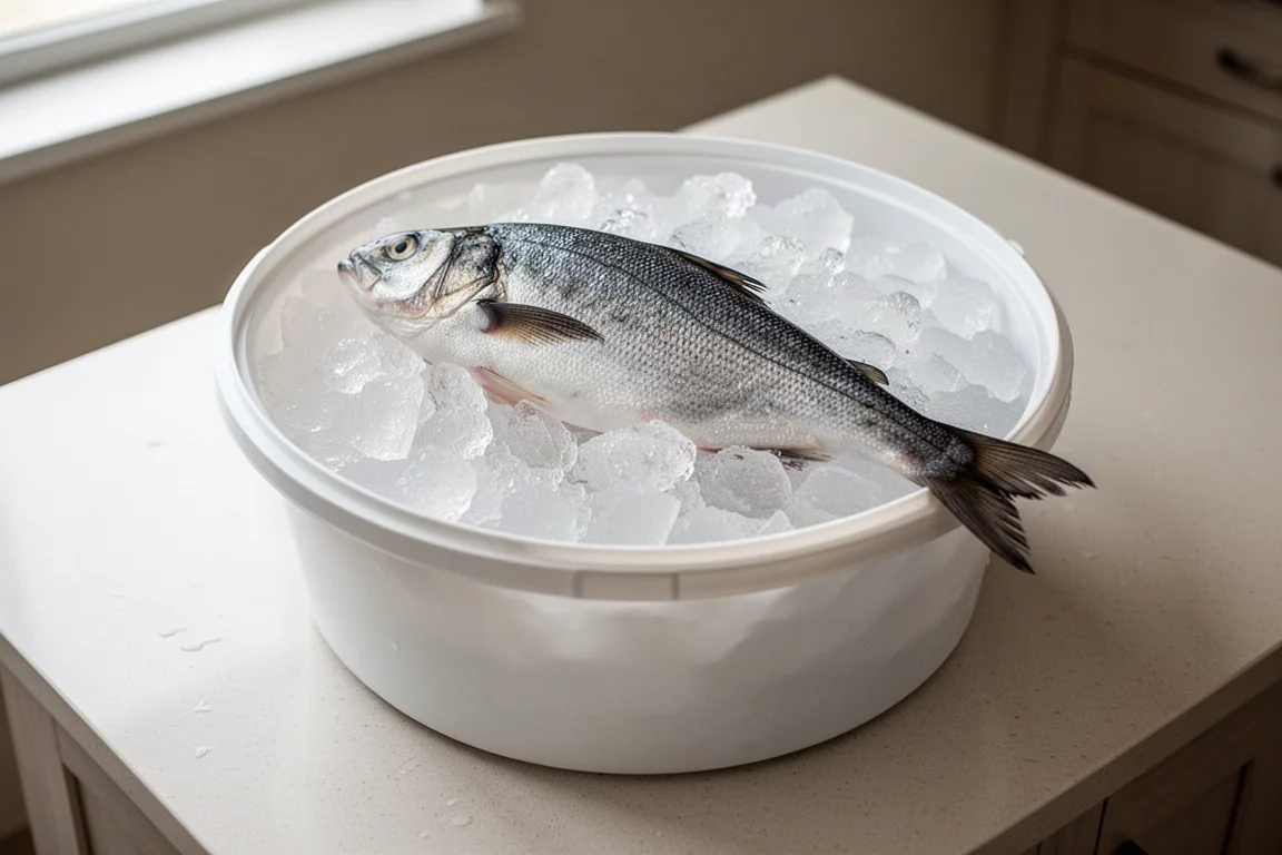 Fresh fish stored on ice inside a large round plastic container