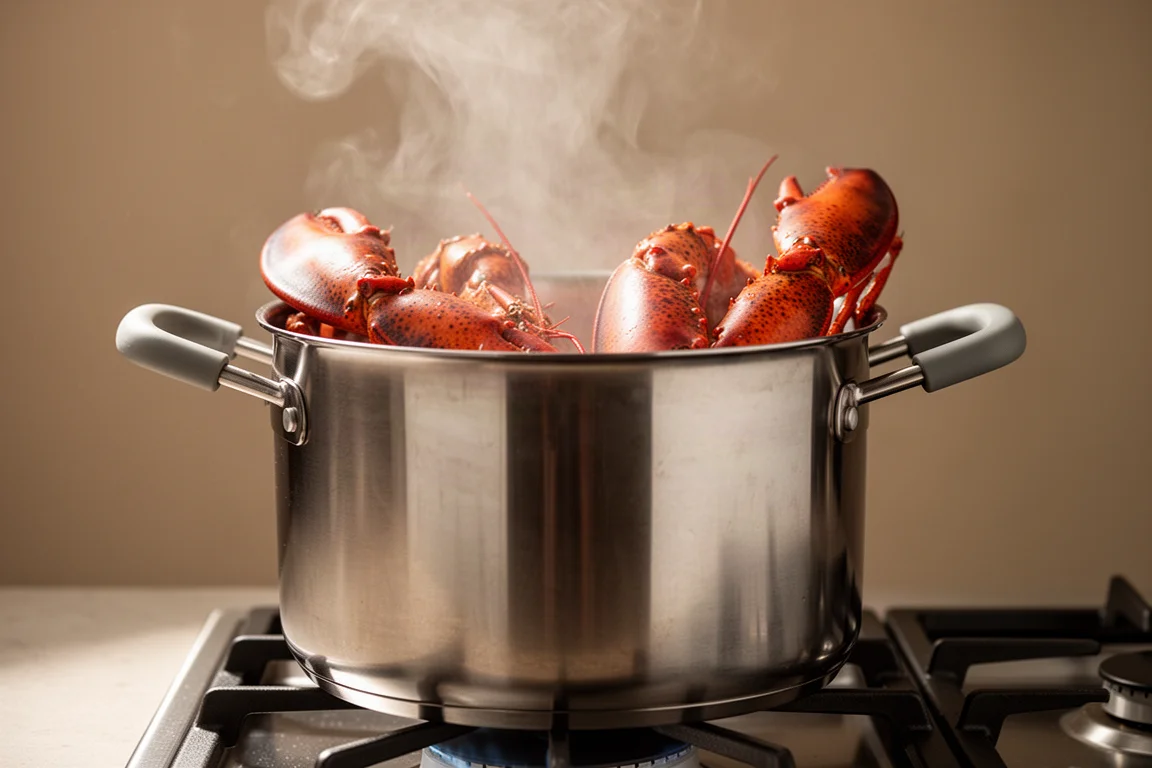 Cooked lobsters in a large stainless steel stockpot on a stovetop