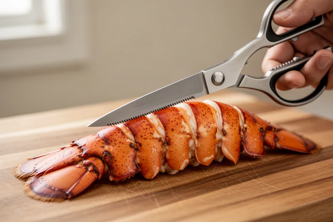Arched seafood scissors cutting through a lobster tail shell