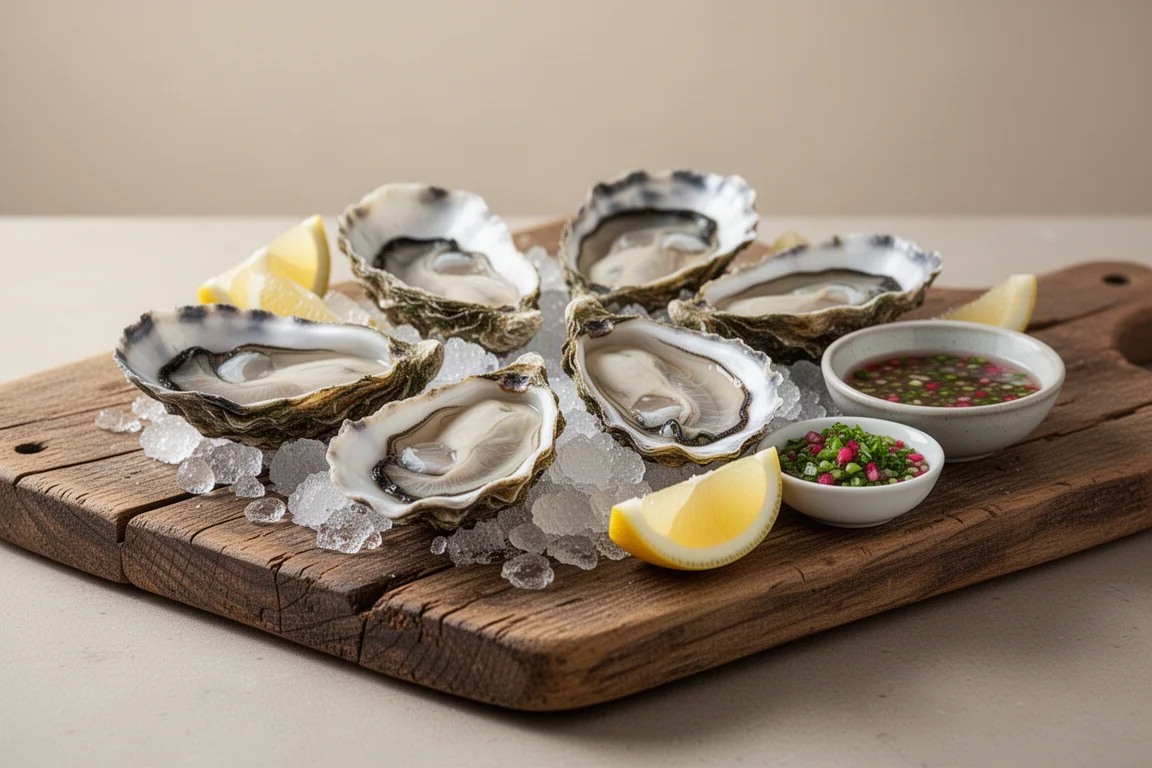 Opened oysters on ice with lemon wedges on a wooden board