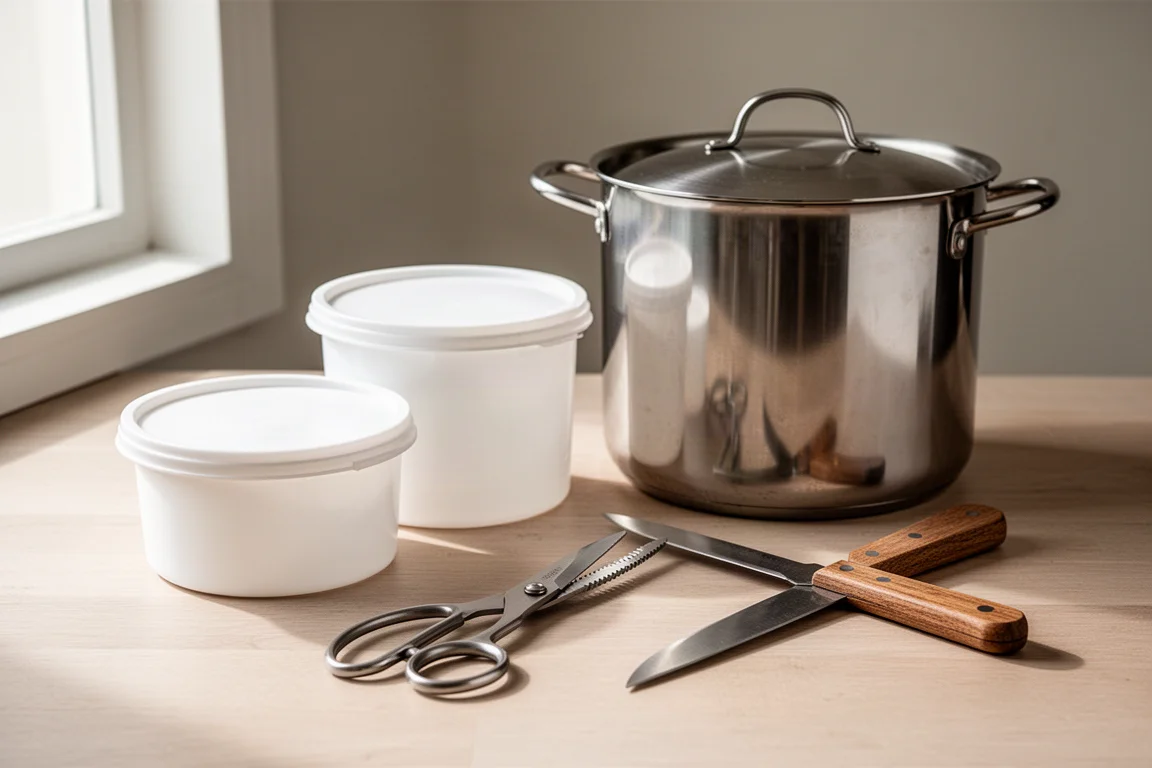 Seafood prep tools including storage containers, stockpot, scissors, and oyster knife on a kitchen counter