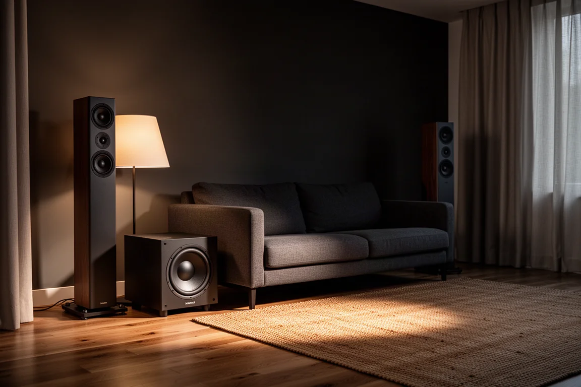 Sala d'ascolto con luce soffusa e un compatto subwoofer sigillato accanto a un divano basso