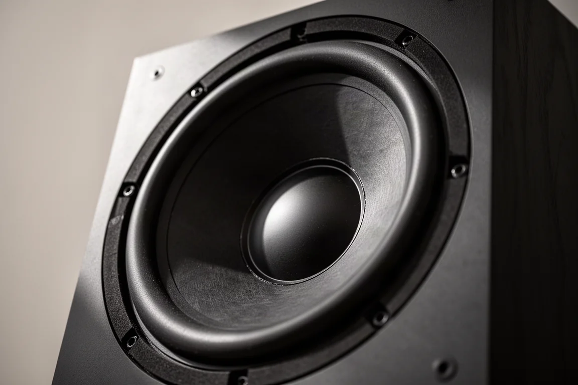 Primo piano del cono di un grande woofer con spesso bordo in gomma