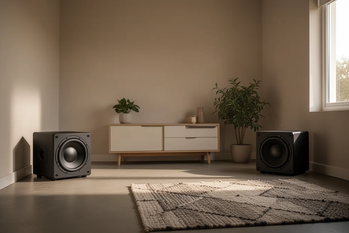 Due compatti subwoofer sigillati collocati negli angoli opposti di un soggiorno