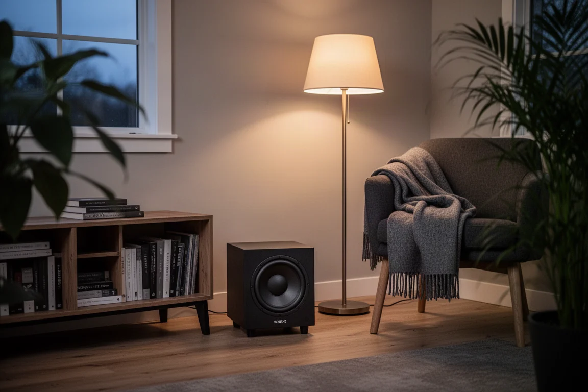 Angolo del soggiorno al crepuscolo con un piccolo subwoofer sigillato accanto a una libreria