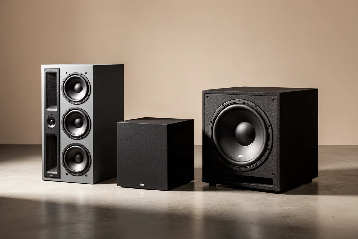 Three sealed subwoofer cabinets of different sizes on a matte concrete floor