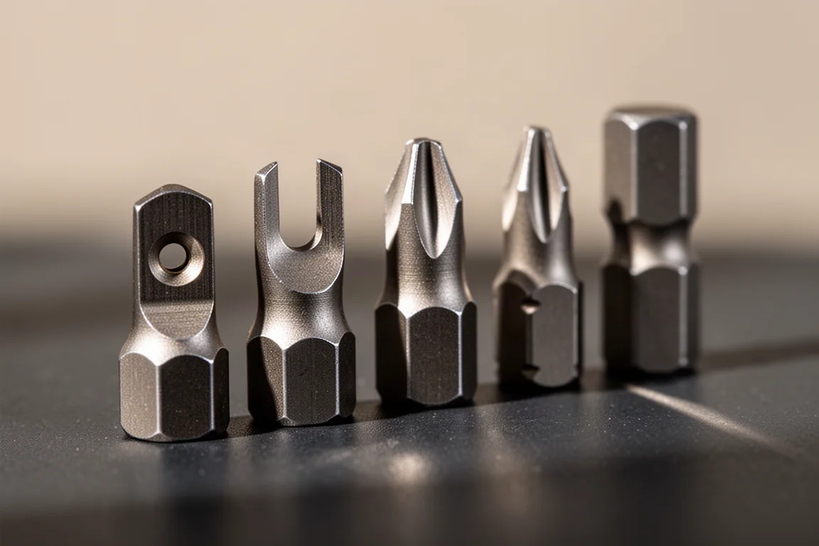 Close-up of security bit tips showing center holes and forked spanner profiles
