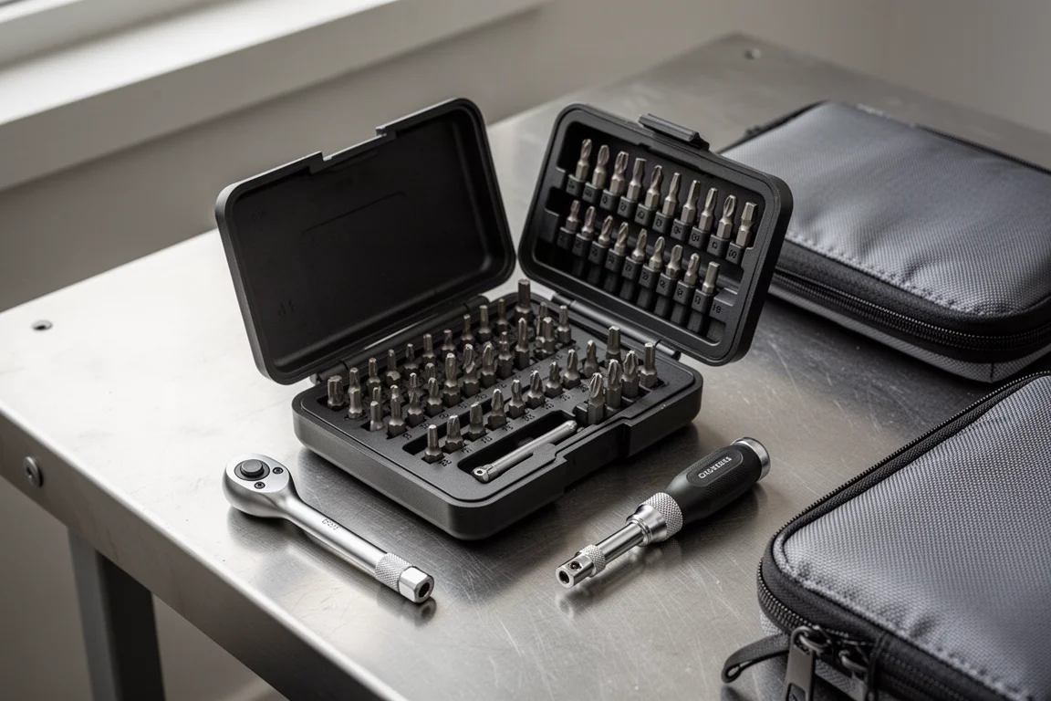 Open compact bit case with rows of small bits and a ratchet driver on a workbench