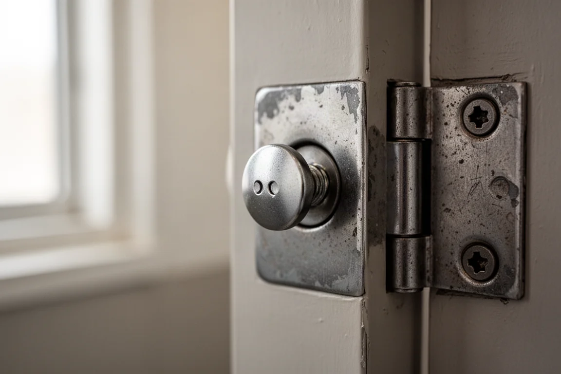 Rounded door-hinge bolt with two pin dots, the kind a spanner bit removes