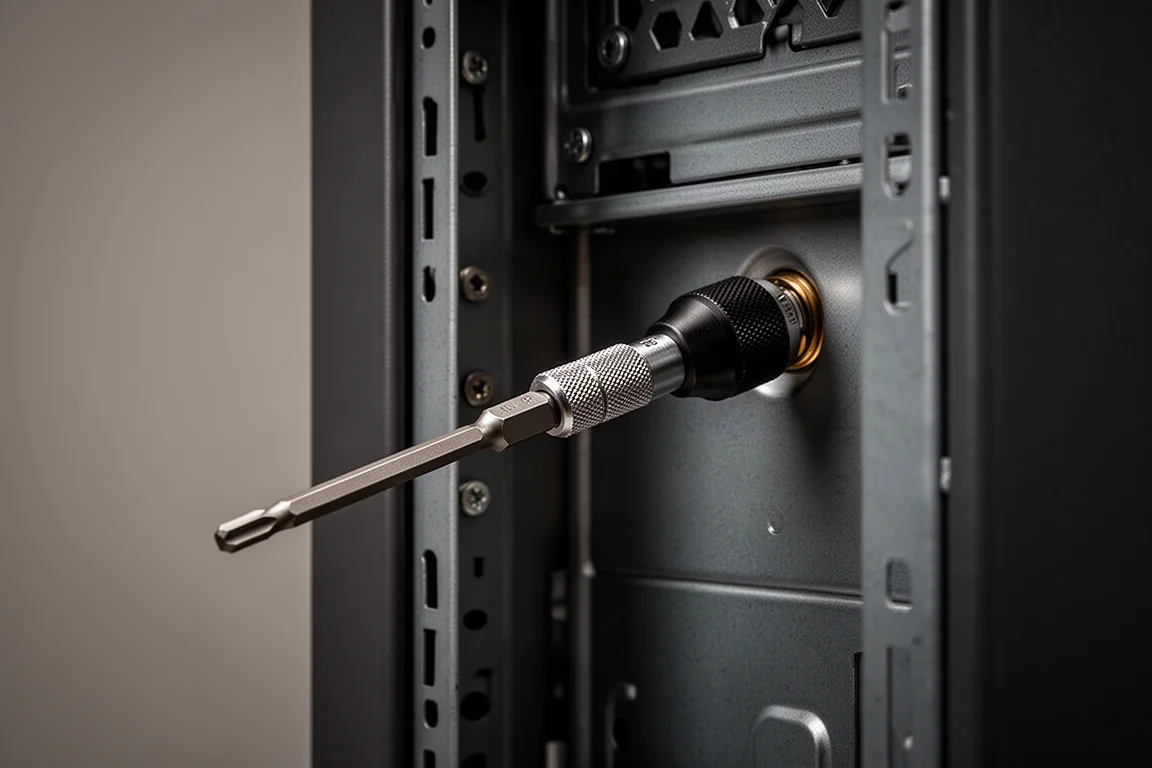 Long extension security bit reaching a recessed fastener deep inside equipment housing