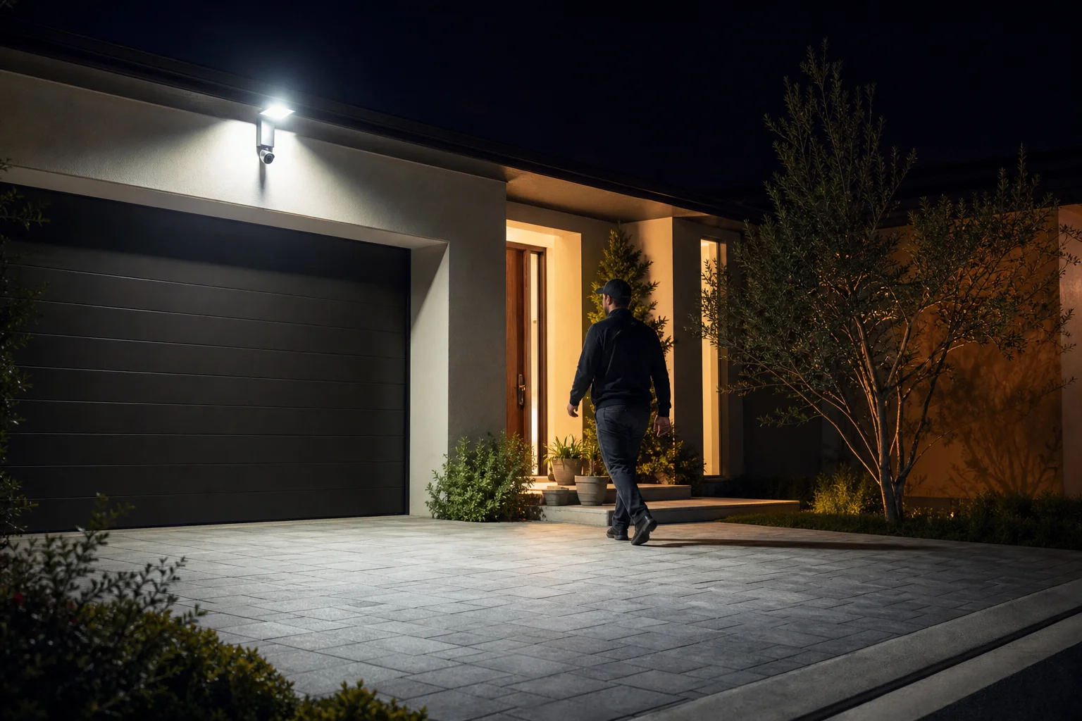 Câmera com holofote brilhante iluminando a entrada de uma residência à noite