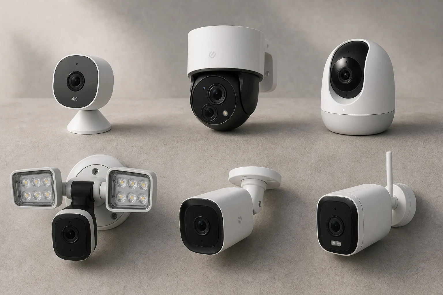 Six modern security cameras arranged on concrete surface including magnetic, PTZ, battery, and floodlight models