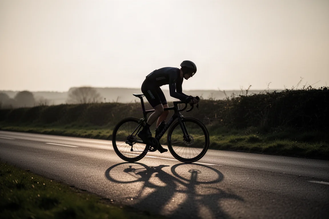 Cycliste roulant en position aérodynamique basse sur une route tranquille à l'heure dorée