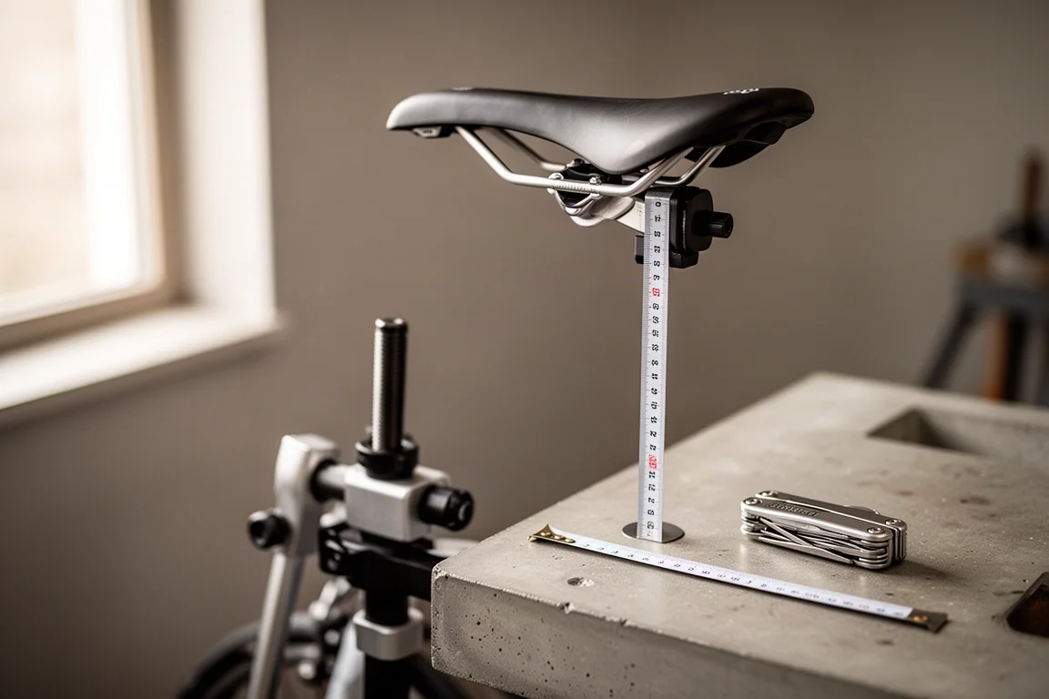Selle et tige de selle de vélo sur un support de réparation, à côté d'un mètre ruban sur un établi