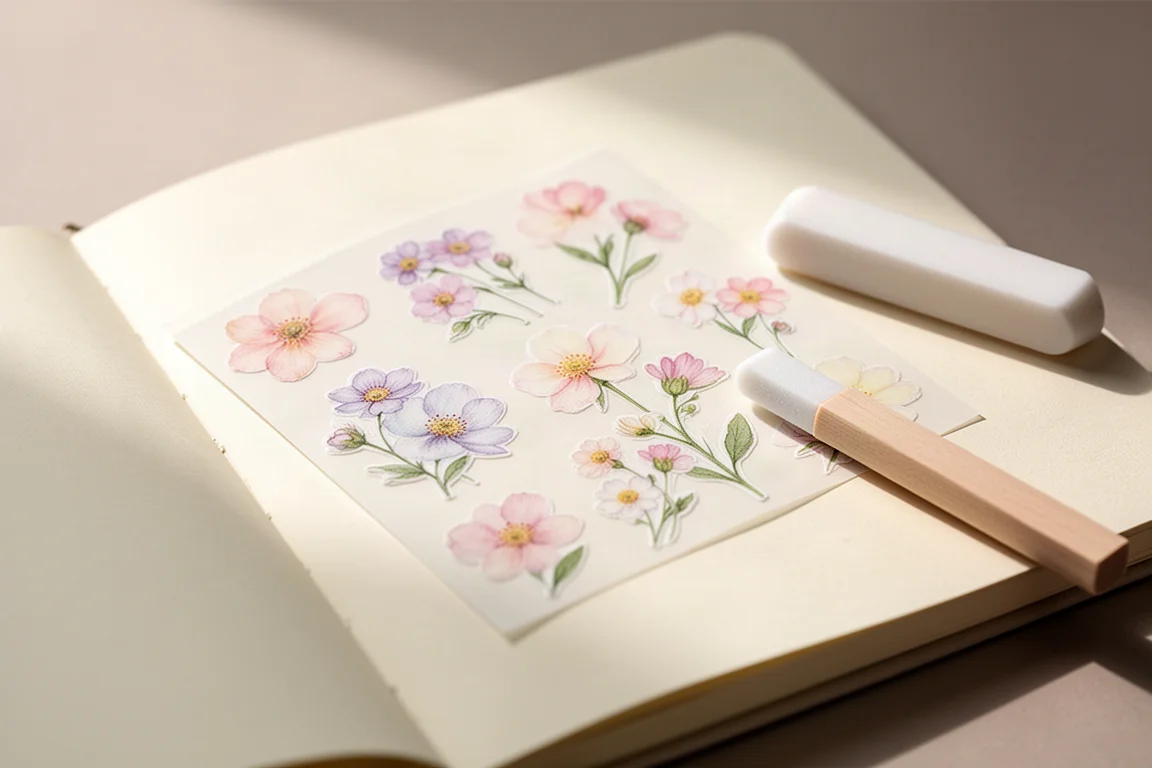 Hoja de delicadas pegatinas de transferencia florales presionándose sobre una página de un diario