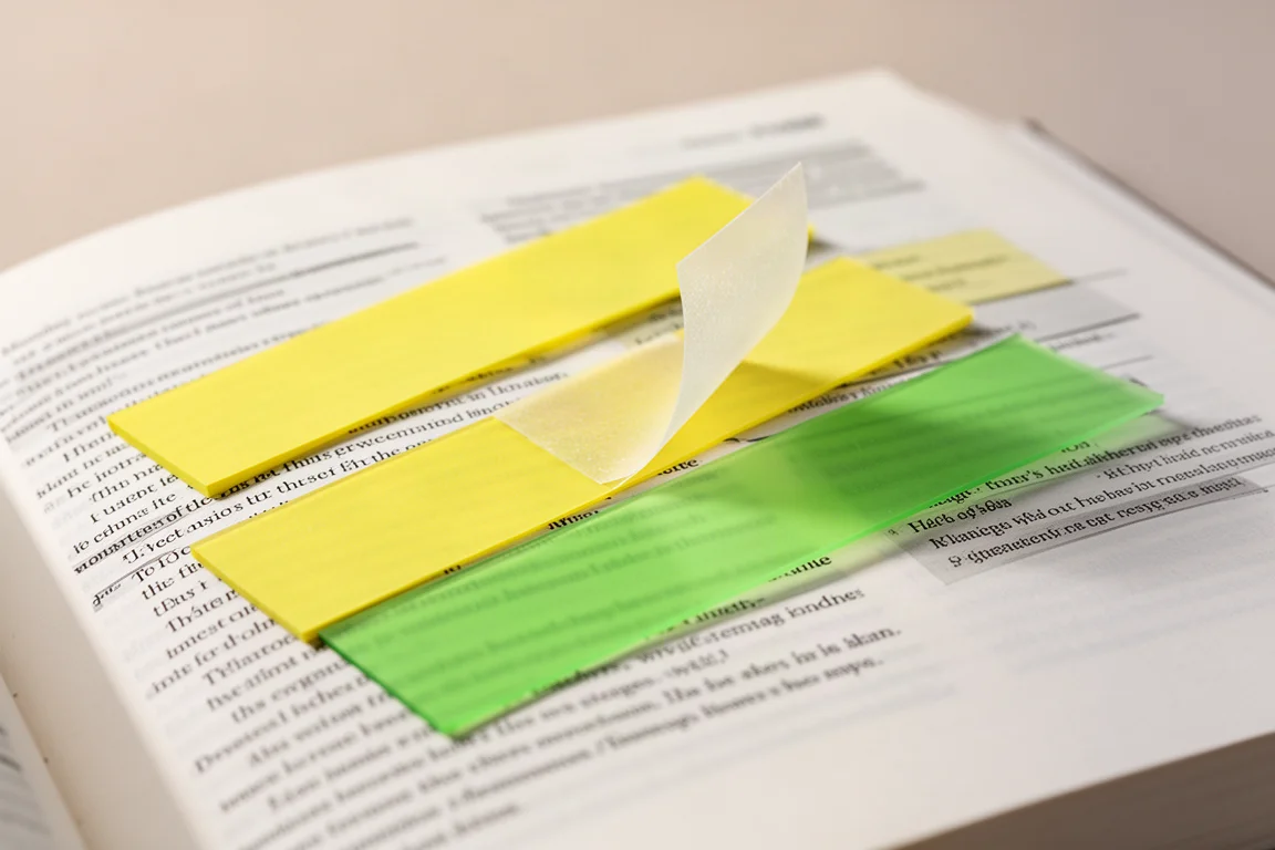 Notas adhesivas resaltadoras translúcidas y alargadas colocadas sobre texto de un libro de texto impreso