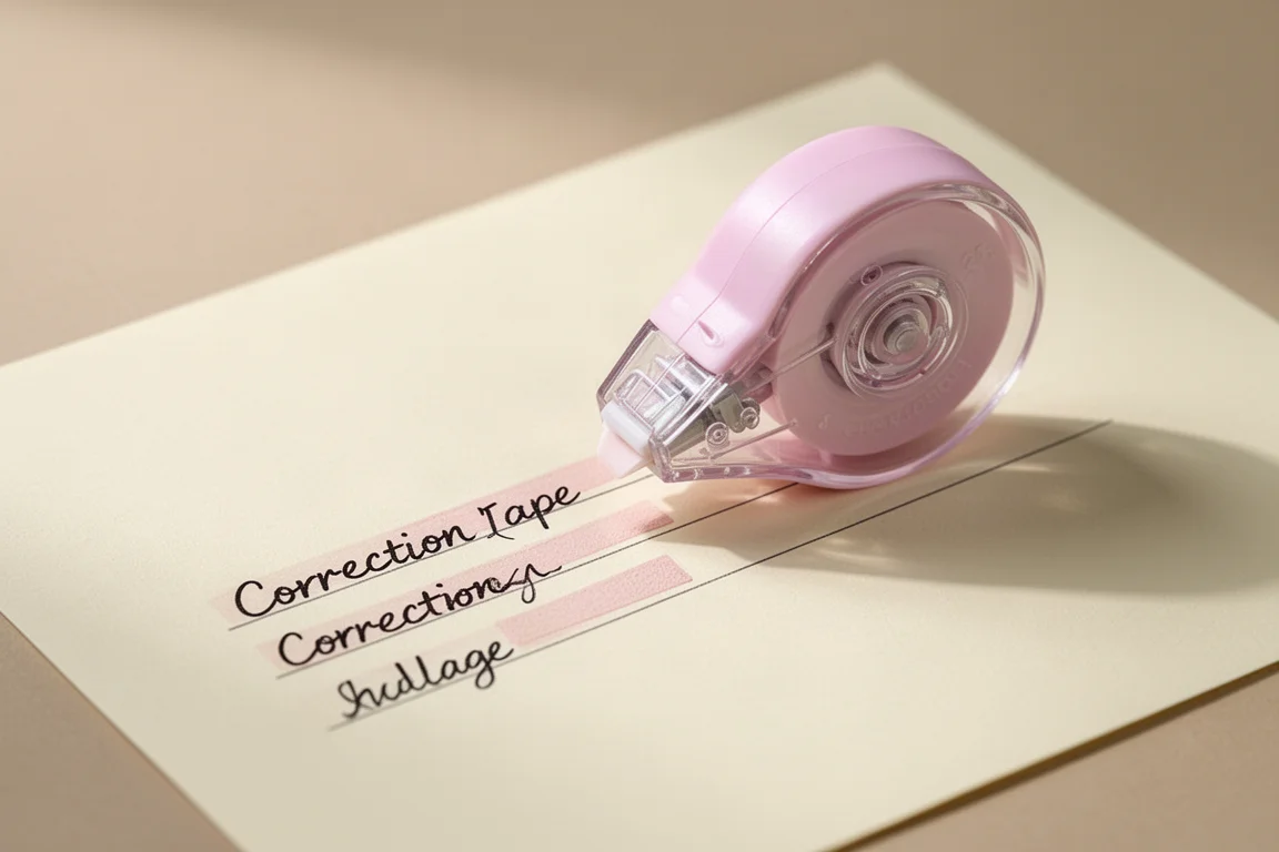 Cinta correctora diminuta deslizándose sobre una línea de escritura a mano en papel color crema
