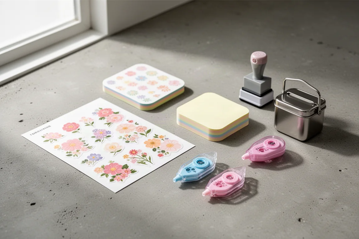 Flat-lay of Japanese stationery including transfer stickers, sticky notes, stamps, and correction tape