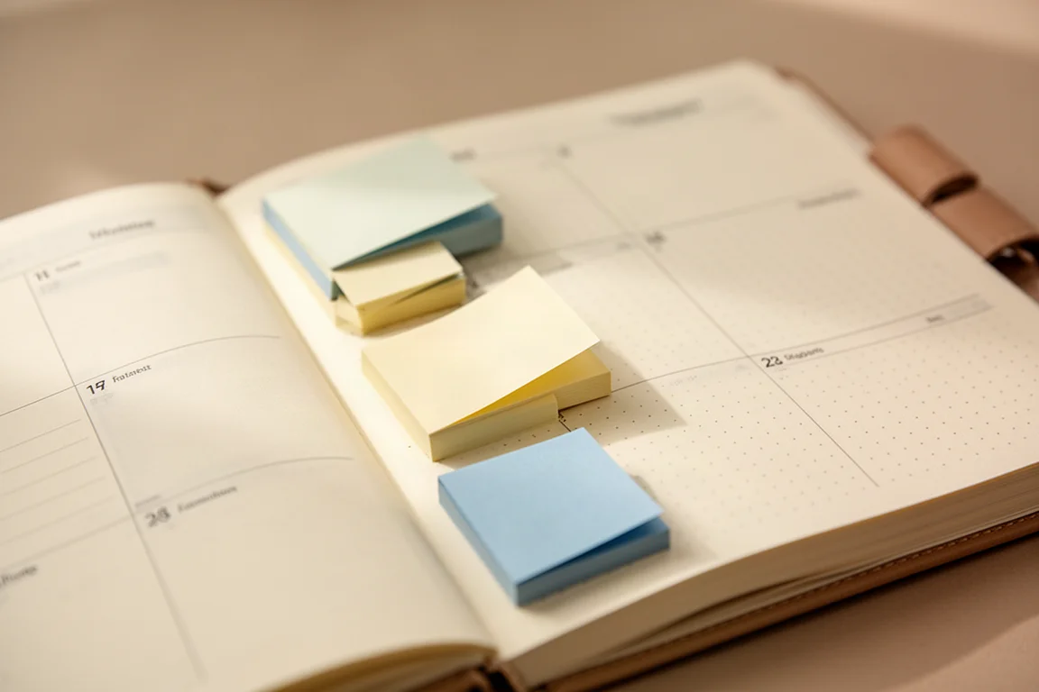 Close-up de um planner aberto com post-its colocados entre as páginas