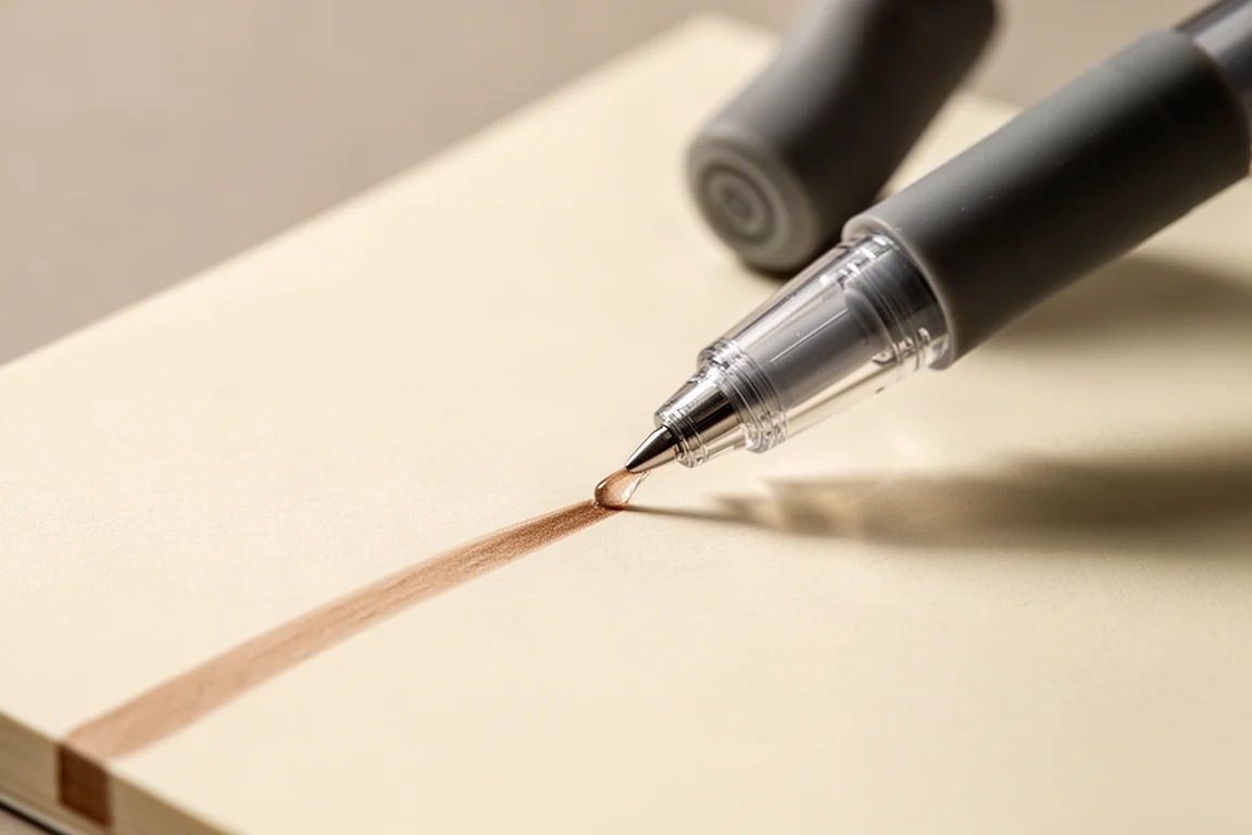 Caneta gel deixando um rastro em gradiente que muda de cor em papel de caderno