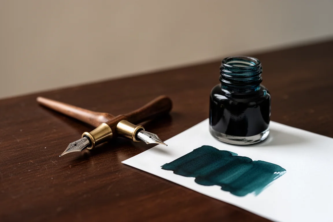 Porta-nibs com uma pena de imersão ao lado de um frasco de tinta escura