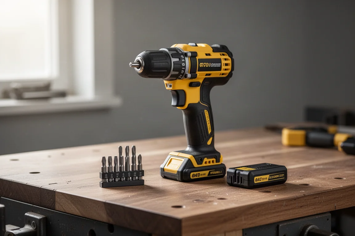Perceuse sans fil compacte et embouts de vissage disposés sur un établi d'atelier
