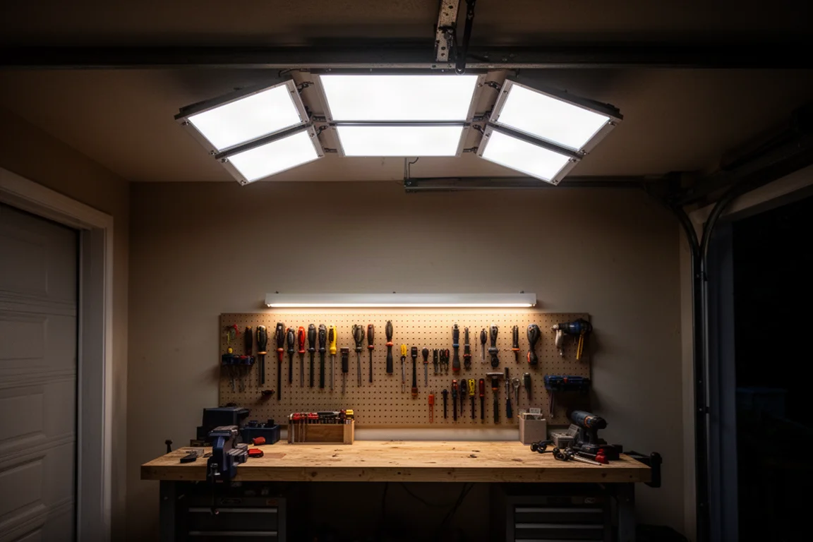 Atelier de garage éclairé par un panneau LED réglable et lumineux