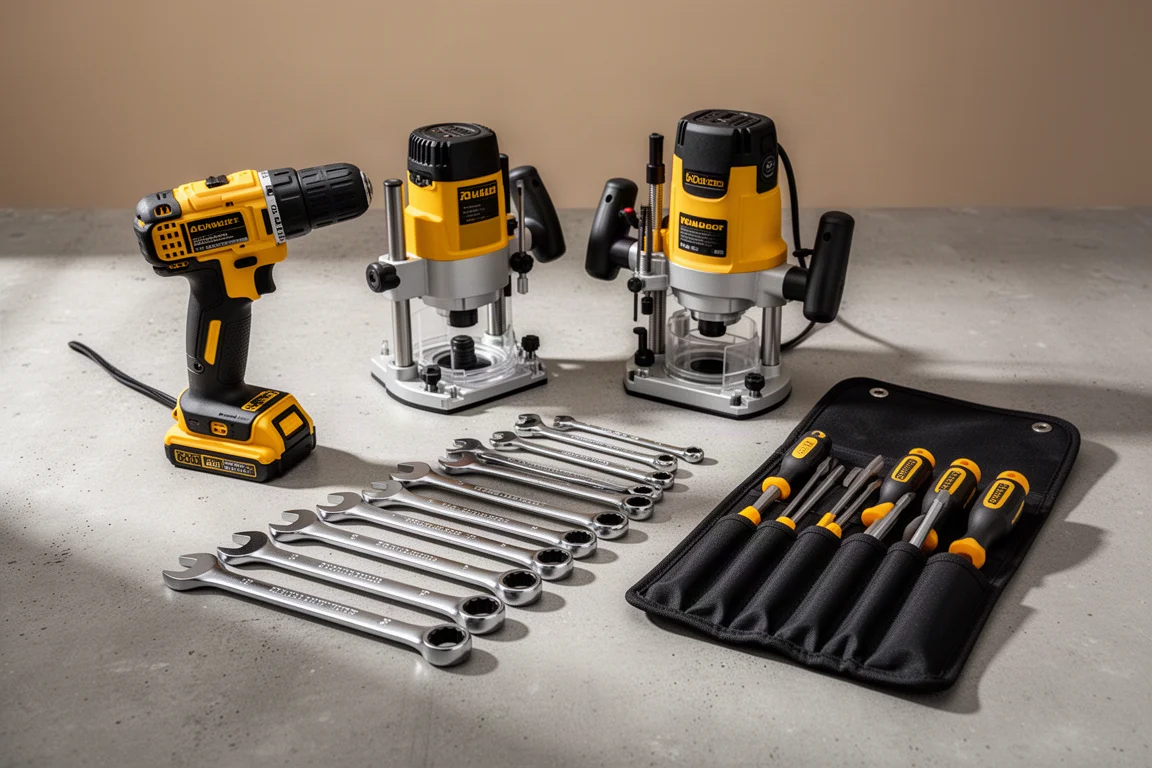 Assorted power tools, wrenches, and screwdrivers arranged on a concrete surface
