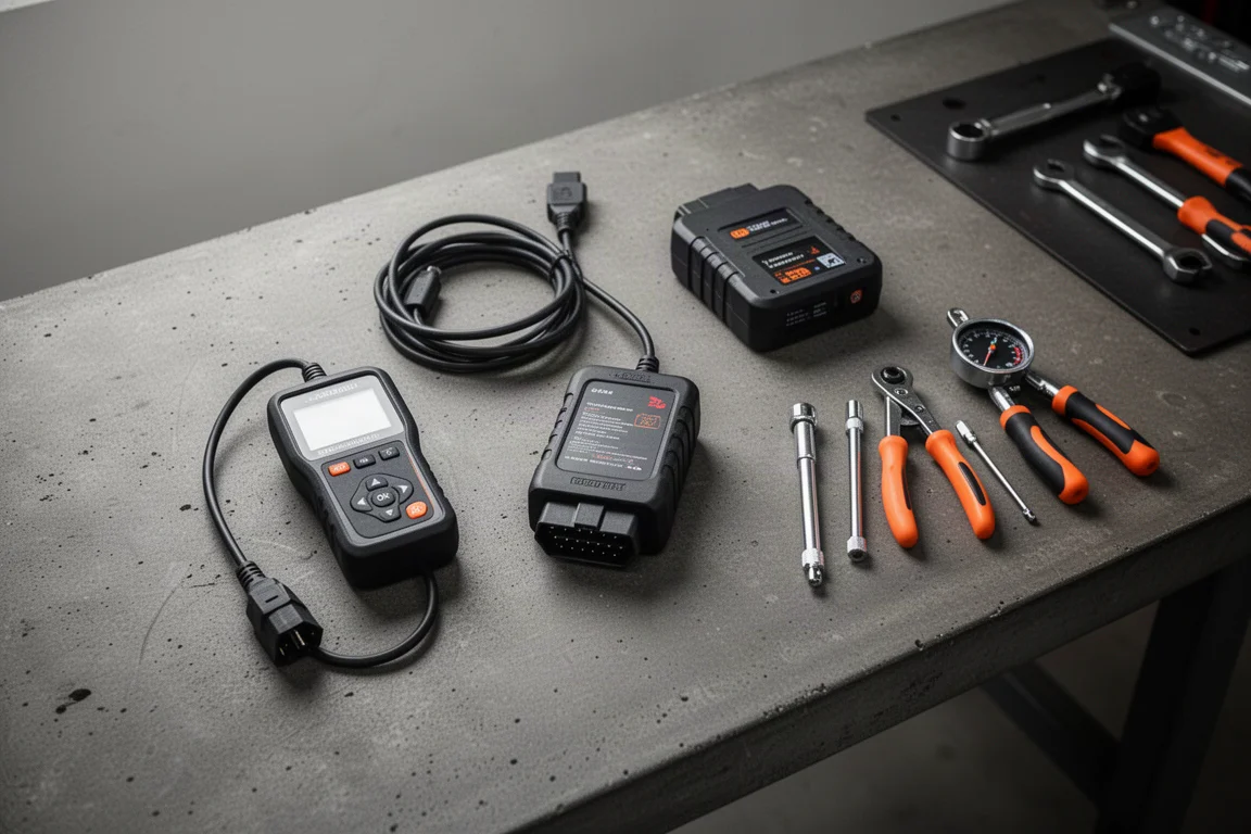 Open garage workbench with power tools, scanner and battery charger laid out neatly