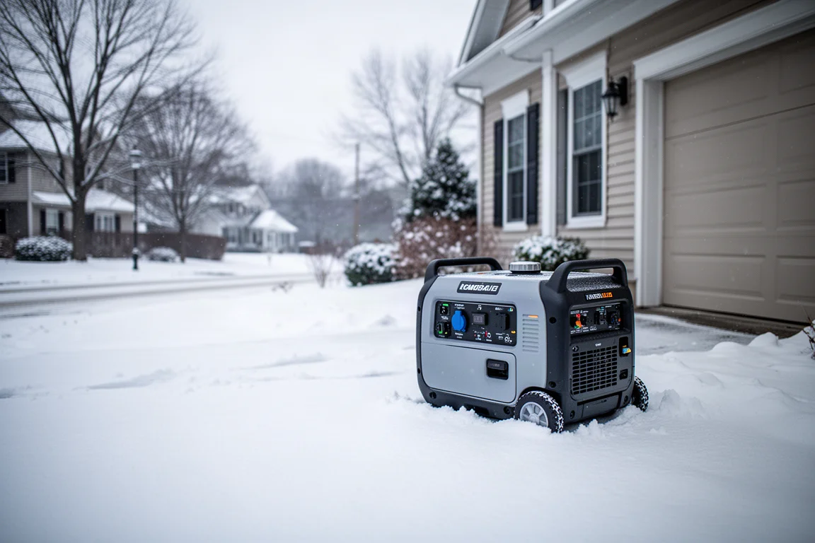 Portable generator on a snowy driveway next to a home in winter light